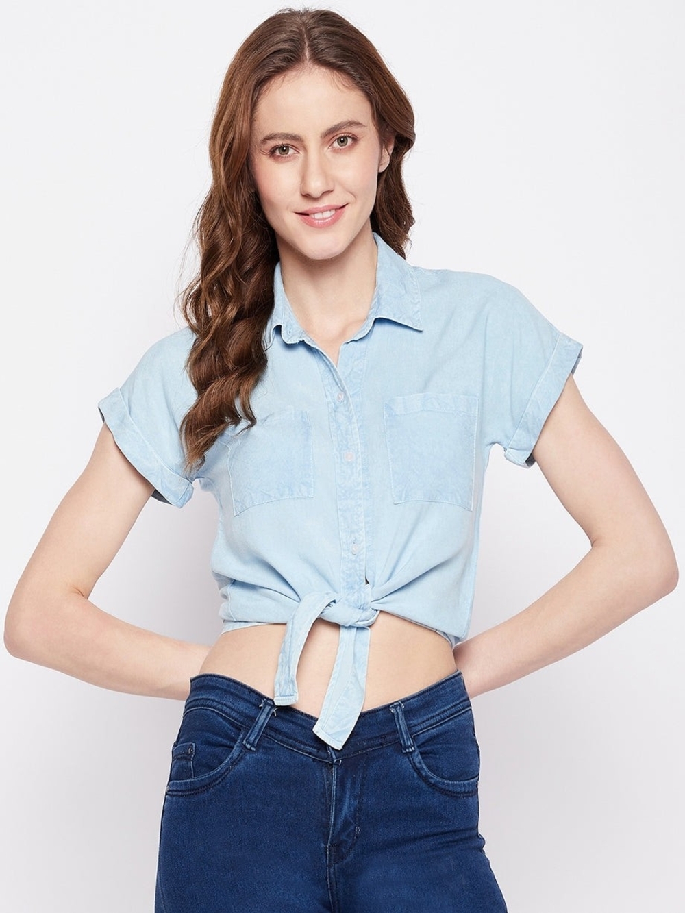Bleach Wash Chambray Button Down Tie Front Camp Shirt
